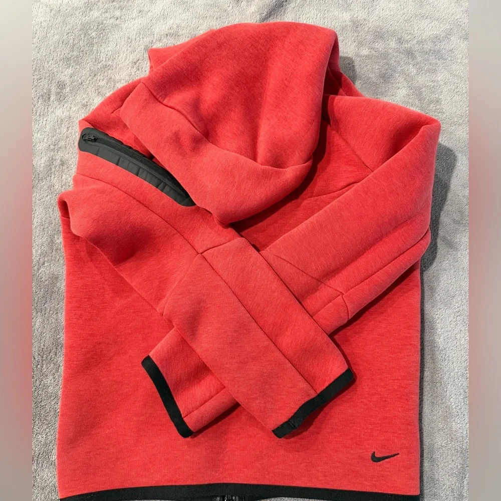 Nike Red Zip-Up Hoodie with Black Trim.Pre-Loved. Note circled flaw on  sleeve.